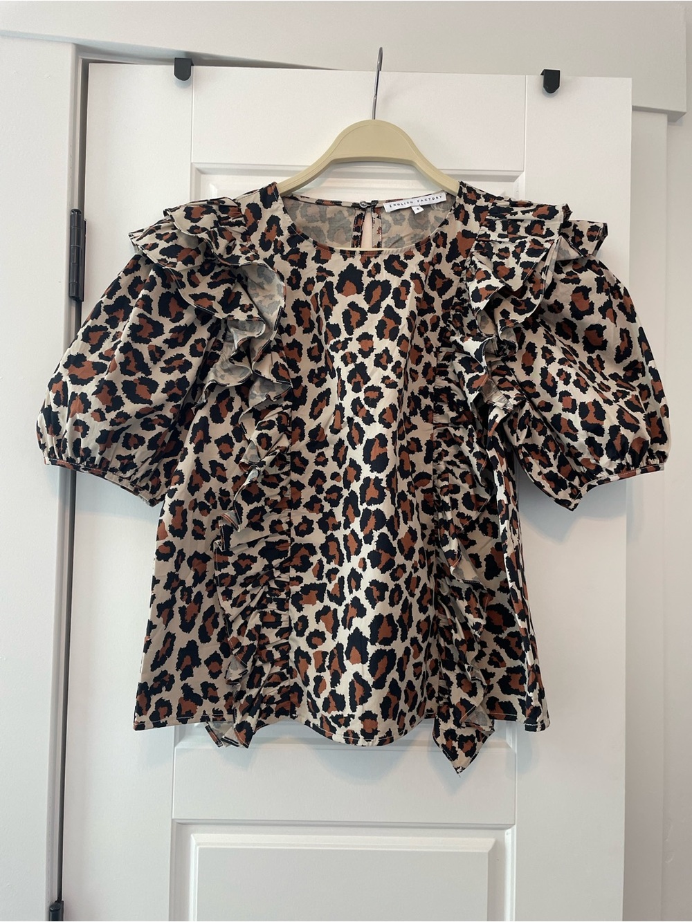 English Factory Leopard Ruffle Puff-Sleeve Top - Brown/Black